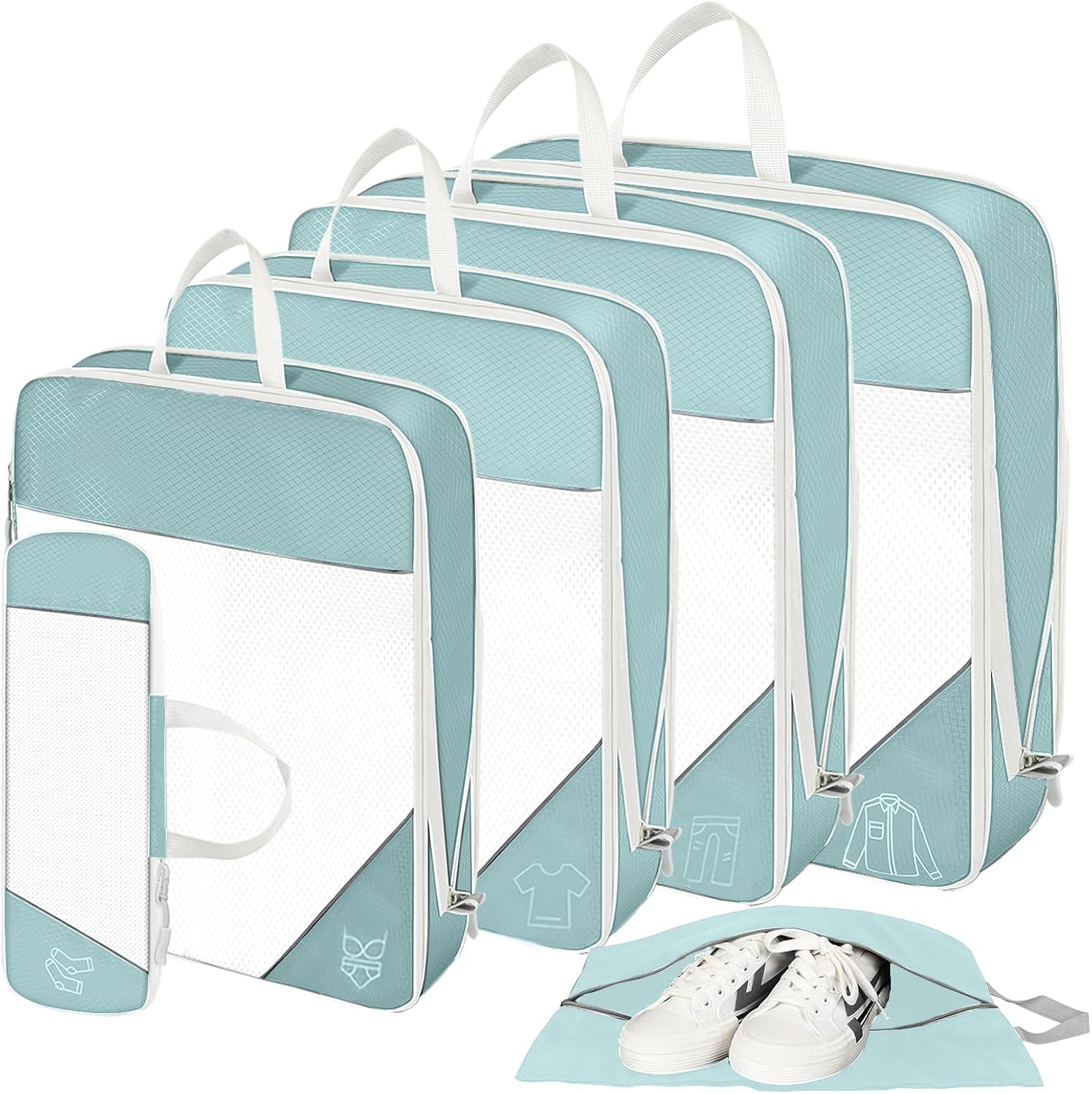 SWIHELP Compression Packing Cubes for Suitcases, Travel Luggage Organizer, Travel Packing Kit with Clothes Storage Bag Shoes Bag Toiletry Bag Underwear Bag