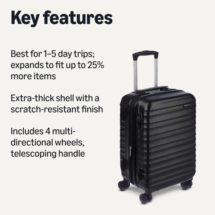 Amazon Basics 21-Inch Hardside Carry-On Luggage, Hardshell Suitcase With Wheels, Expandable For Up to 25% More Space, With Scratch-Resistant Surface, Four Multi-directional Wheels, Black - Image 2