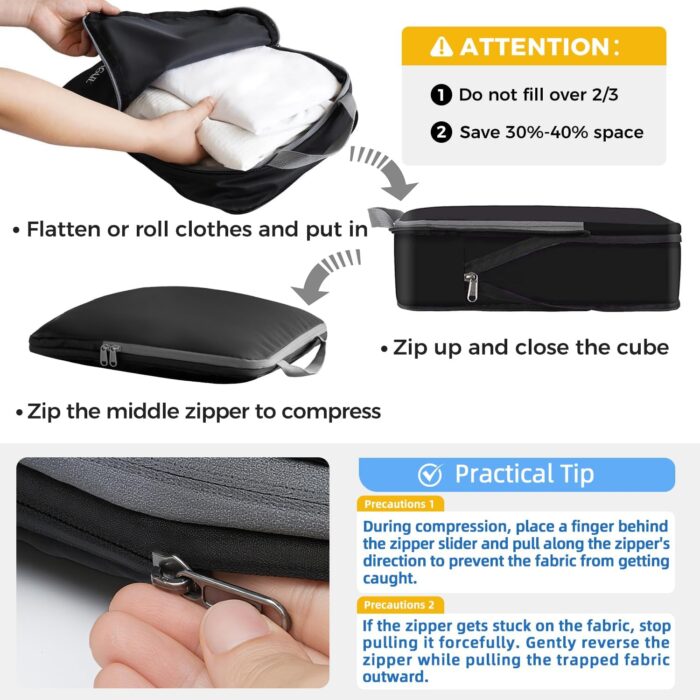 BAGAIL 4 Set Compression Packing Cubes Travel Expandable Packing Organizers(Black,4 Set） - Image 4