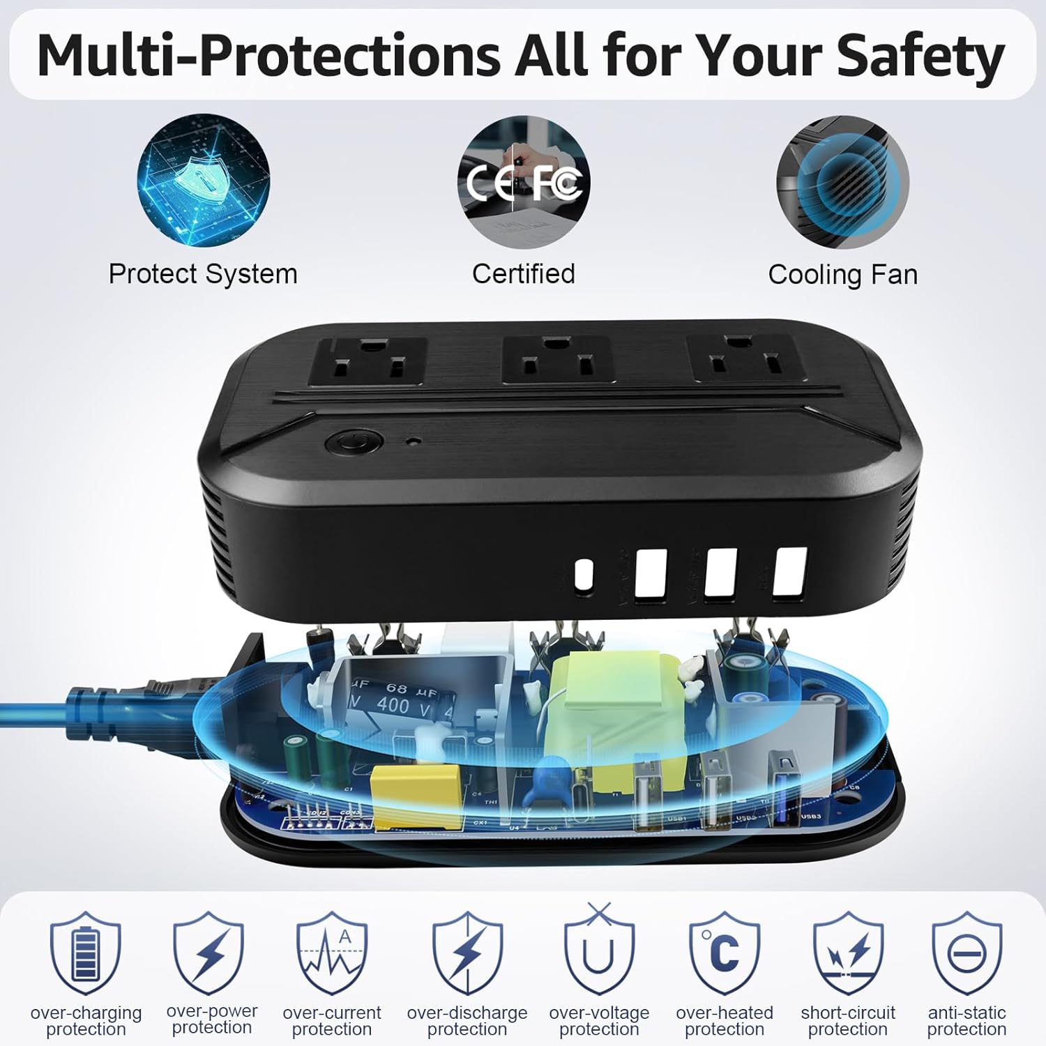 Power Converter 2300W International Step Down Voltage 220V/240V to 110V/120V w/ 4 USB 3 AC Outlets 7 Travel Plug Adapter EU/US/AU/IT/UK/IN/S. Africa for Phone Tablet Camera Laptop and More Electronics - Image 4