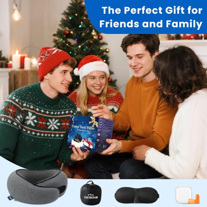 Travel Neck Pillow for Airplanes, Memory Foam Travel Pillow with Adjustable Velcro, Complete Set Includes 3D Eye Mask, Ear Plugs & Luxury Bag - Portable Gift for Travel Essentials Large（Grey） - Image 9