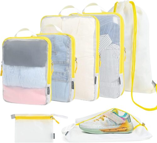 PFEYRPK Premium Compression Packing Cubes with See Through Mesh for Suitcases, Expandable Travel Packing Organizers with Shoe Bag, Backpack Bag and Cable Bag 7 Set.
