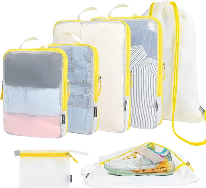 PFEYRPK Premium Compression Packing Cubes with See Through Mesh for Suitcases, Expandable Travel Packing Organizers with Shoe Bag, Backpack Bag and Cable Bag 7 Set.