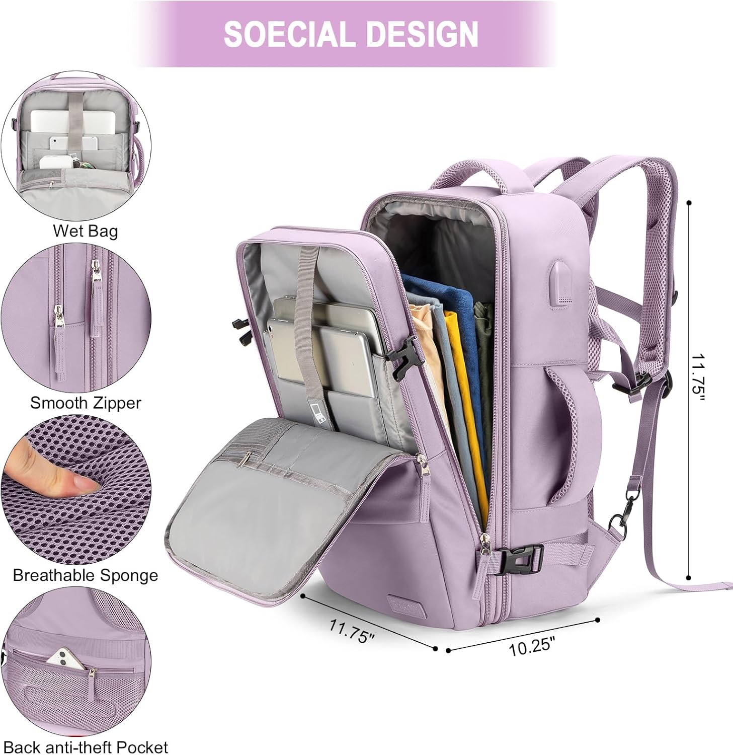 Carry on Backpack, Extra Large Travel Backpack Expandable Airplane Approved Weekender Bag for Men and Women, Water Resistant Lightweight Daypack(Purple (Backpack With 4 Packing Cubes)) - Image 7