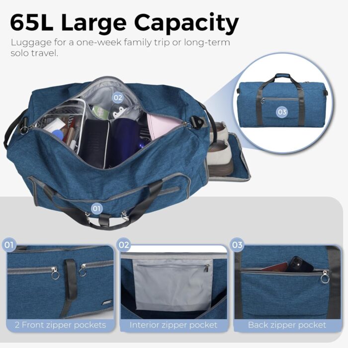 Fmeida 65L Foldable Travel Duffle Bag, Weekender Bags with Shoe Compartment for Men Women, 24" Sac de Voyage Femme Homme, Waterproof Gym Tote Overnight Duffel Luggage, Lightweight & Tear-Resistant - Image 4