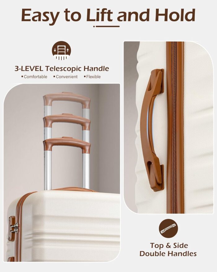 LONG VACATION Carry On Luggage Sets 3 Piece 20 Inch Suitcase Set, ABS+PC Hardshell Lightweight Travel Luggage with Spinner Wheels & YKK Zipper TSA Lock (White-Brown,20 INCH) - Image 4