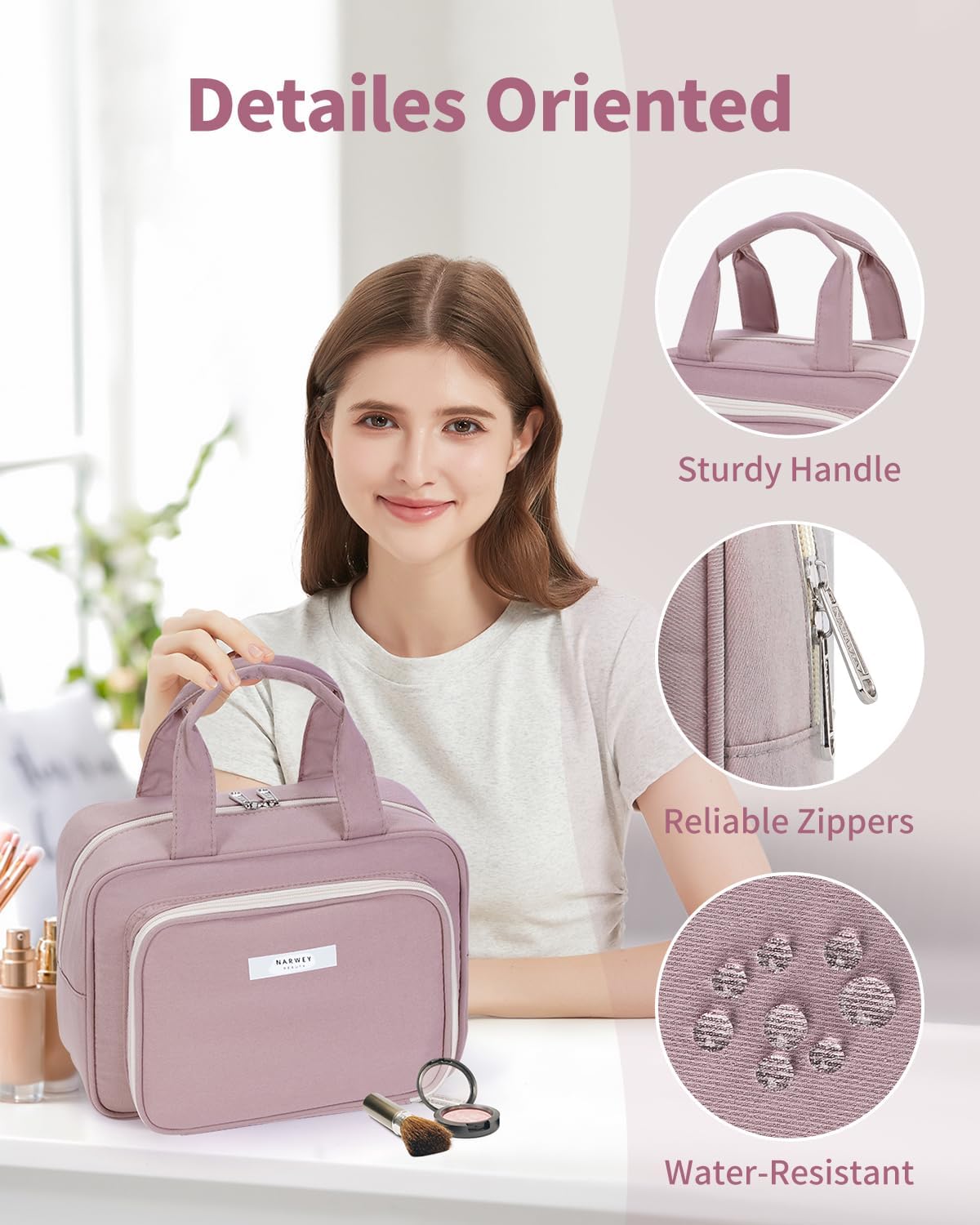 Narwey Full Size Toiletry Bag Women Travel Toiletries Bag Make Up Bag Large Cosmetic Makeup Organizer Bag for Travel Accessories Essentials (Dusty Rose) - Image 6