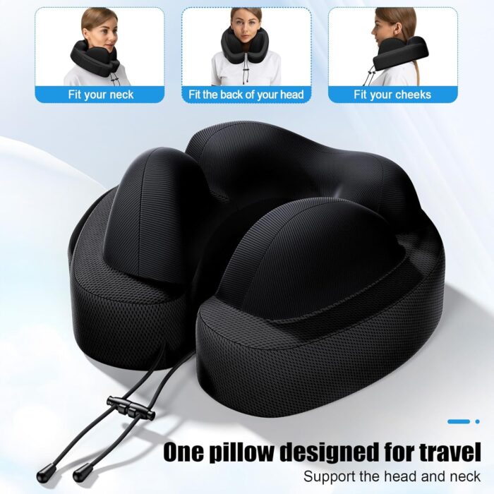 JINXIA Travel Pillow for Neck,Travel Neck Pillow Memory Foam for Plane Cars Trains Office,Breathable Fabric&Lightweight for Neck Perfect Support Pillow with Carry Bag,Earplugs-Black - Image 2