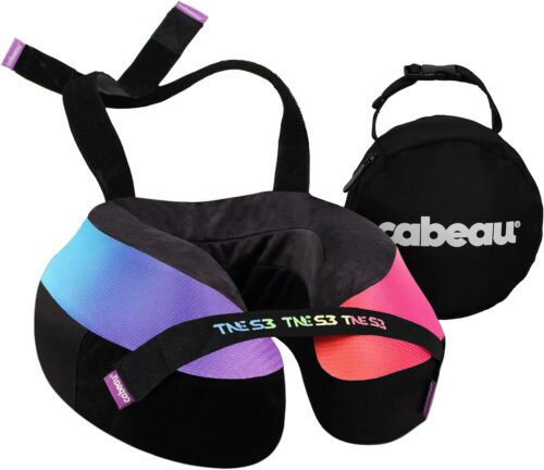 Cabeau Travel Neck Pillow for Airplanes – The Neck’s Evolution, TNE S3 – Supportive Memory Foam Design for Long Haul Flights – Attachable Seat Straps and 360° Support (Amsterdam Rainbow)