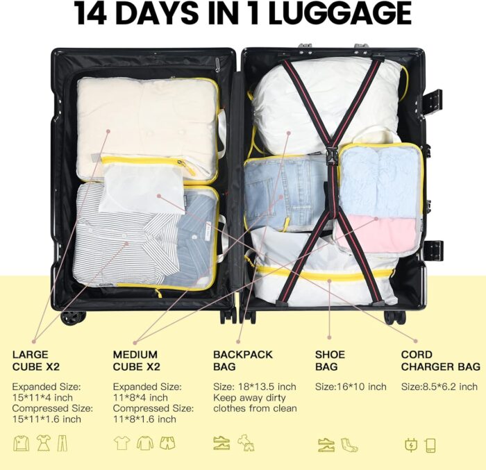 PFEYRPK Premium Compression Packing Cubes with See Through Mesh for Suitcases, Expandable Travel Packing Organizers with Shoe Bag, Backpack Bag and Cable Bag 7 Set. - Image 6