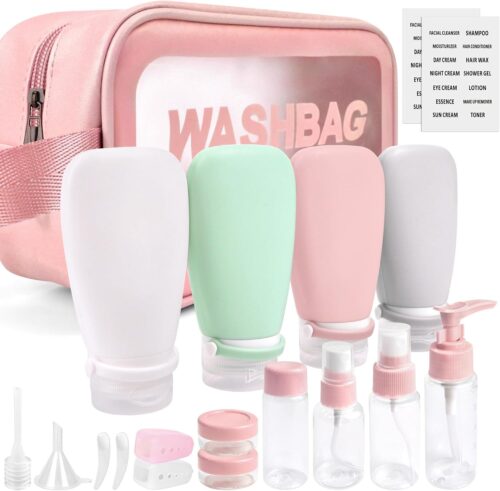 18 Pcs Travel Bottles for Toiletries Gym TSA Approved, Leak Proof with Bandage Silicone Squeezable 3oz for Toner Shampoo Conditioner Lotion Body Wash with Funnel Toothbrush Cover Tag and Wash Bag