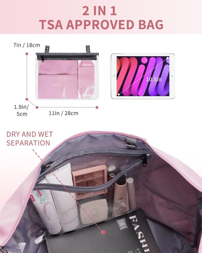 ECOHUB Travel Duffel Bag Carry on Luggage Bag for Airplanes Lightweight Weekender Overnight Shoulder Bag for Women Men Hospital Bag with Trolley Sleeve 30L Pink - Image 4