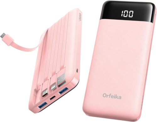 Orfeika Power Bank with Built in Cables, 10000mAh Portable Charger USB C in&Out, Battery Pack with LED Display Travel Essential for iPhone 16 15 14 13 12, Samsung S22 S21 Google LG iPad (Pink)