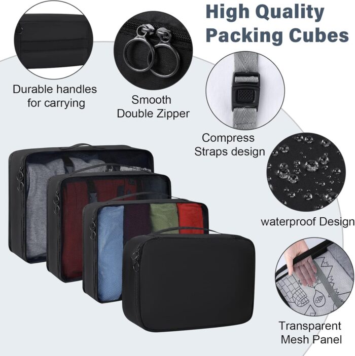 8 Set Packing Cubes Travel Organizer Waterproof Travel Cubes Set Foldable Compression Packing Cubes for Carry on Luggage Suitcase Organizer Bags with Hanging Toiletry Bag, Shoe Bag & Laundry Bag, Black - Image 3