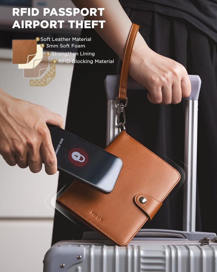 VULKIT Airtag Passport Holder 4 Passports, 2 in 1 RFID Blocking Travel Sim Wallet Cover for Family with Luggage Tag & Wrist Strap, Holds ID Card, 6+ Cards, 4+ Passports, Tickets, Cash, Coin (Brown) - Image 6