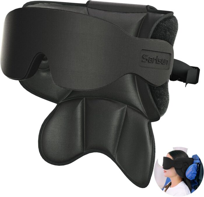 SARISUN Travel Pillows for Airplanes, Upgrade Airplane Neck Pillow with 3D Sleep Eye Mask for Budget Airlines, 360° Support Headrest, Portable Travel Essentials, Adjustable Airplane Head Strap, Black