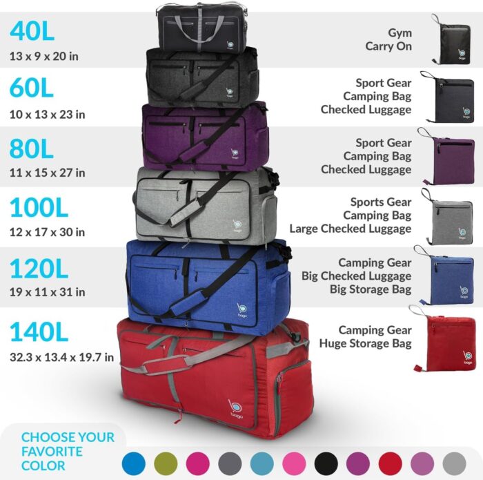 Bago Large Foldable Duffel Bags for Traveling Women & Men - 80L Packable Duffle Bag for Travel with Shoe Compartment - Water Repellant, Heavy Duty, Lightweight Folding & Collapsible (Purple) - Image 10