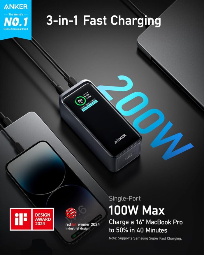 Anker Prime Power Bank, 20,000mAh 200W Portable Laptop Charger for Travel, TSA-Approved, Smart Digital Display, 2 USB-C and 1 USB-A Port, for iPhone 16/15/14 Series, Samsung, MacBook, and More - Image 2