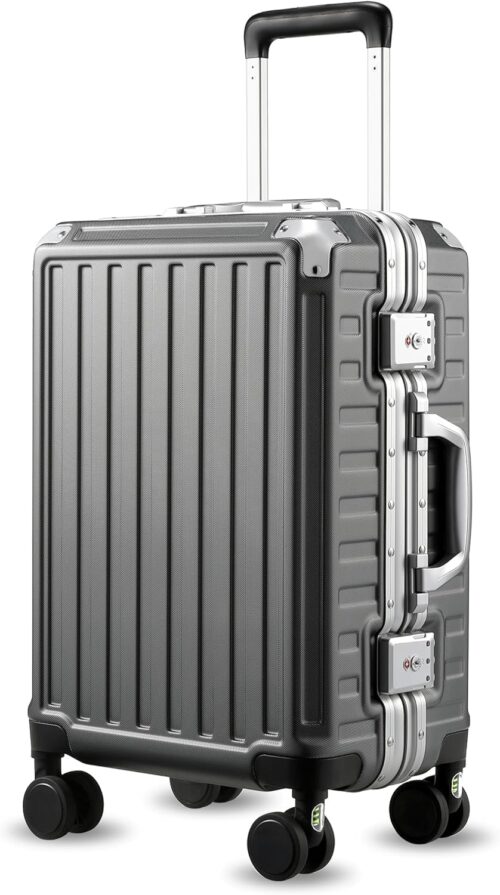 LUGGEX Carry On Luggage with Spinner Wheels, Aluminum Frame Polycarbonate Hard Shell Suitcase for Travelling, 22.0 x 14.6 x 9.6 Inch, Charcoal Metallic