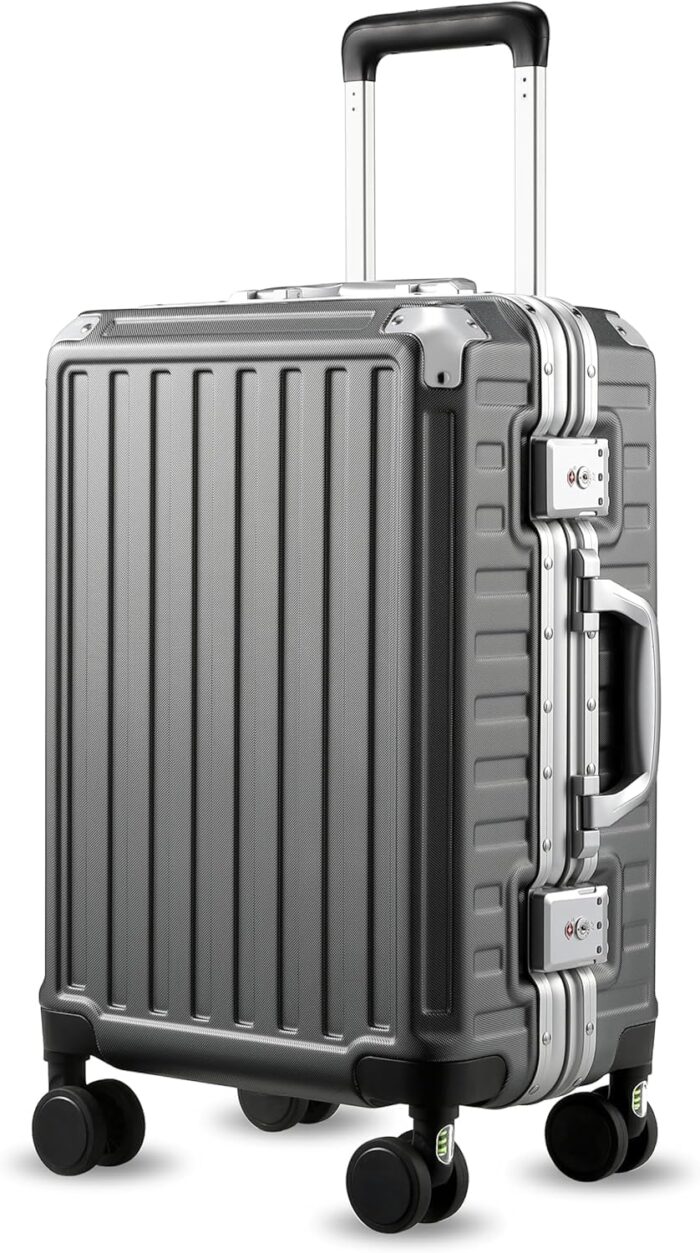 LUGGEX Carry On Luggage with Spinner Wheels, Aluminum Frame Polycarbonate Hard Shell Suitcase for Travelling, 22.0 x 14.6 x 9.6 Inch, Charcoal Metallic