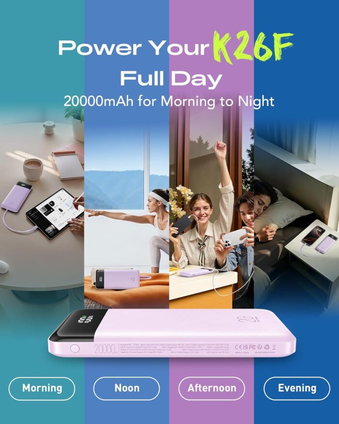 20000mAh Power Bank Fast Charging, Portable Charger with 4 Built-in Cables & 6 Outputs, 20W PD USB C Battery Pack Travel Essential Compatible with iPhone 16/15 Galaxy Google LG iPad & More (Lilac) - Image 6