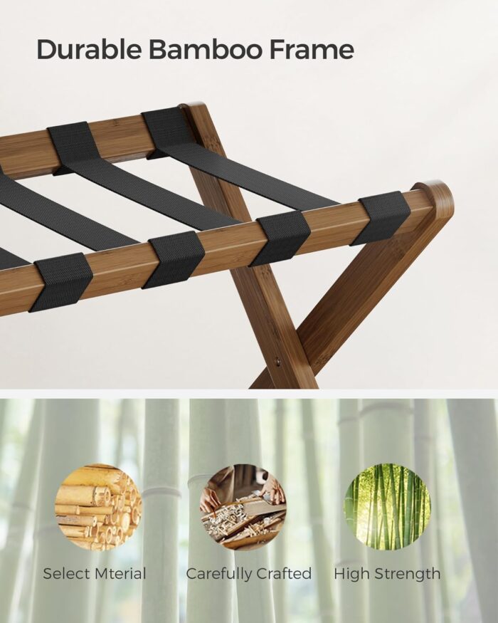 SONGMICS Luggage Rack, Bamboo Luggage Rack for Guest Room, Folding Suitcase Stand, for Hotel, Bedroom, Heavy-Duty, Holds up to 131 lb, Walnut Brown URLR007D01 - Image 4