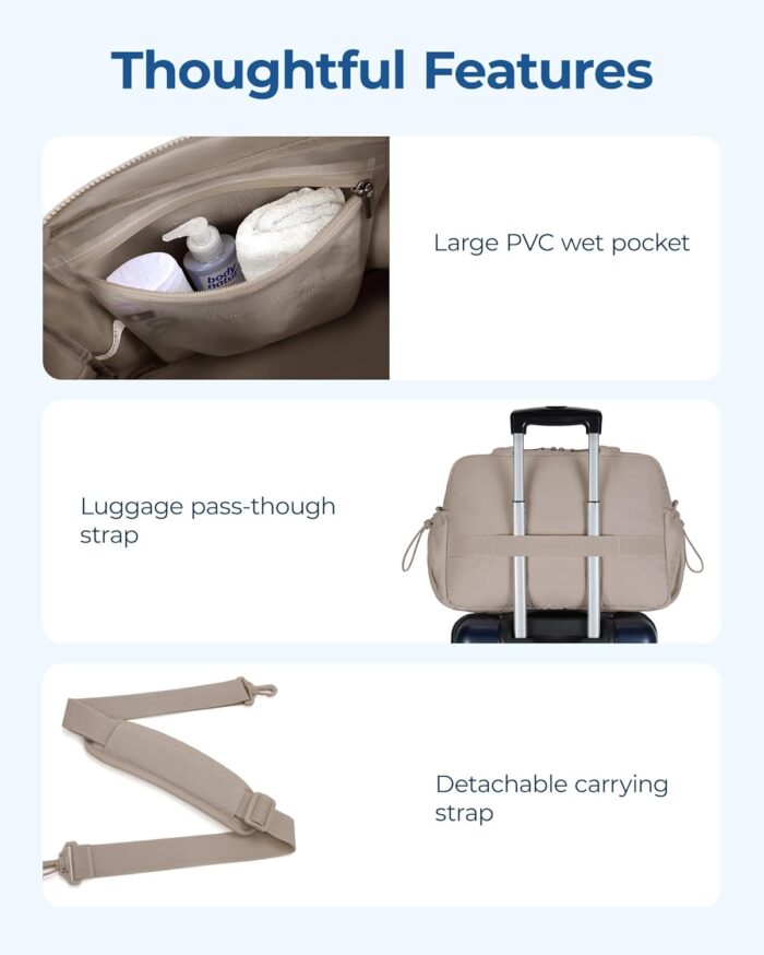 BAGSMART Gym Bag for Woman, 24L Carry on Travel Duffle Bag with Wet Pocket, Water Resistant Weekender Bags for Sports, Trips, Camel - Image 7