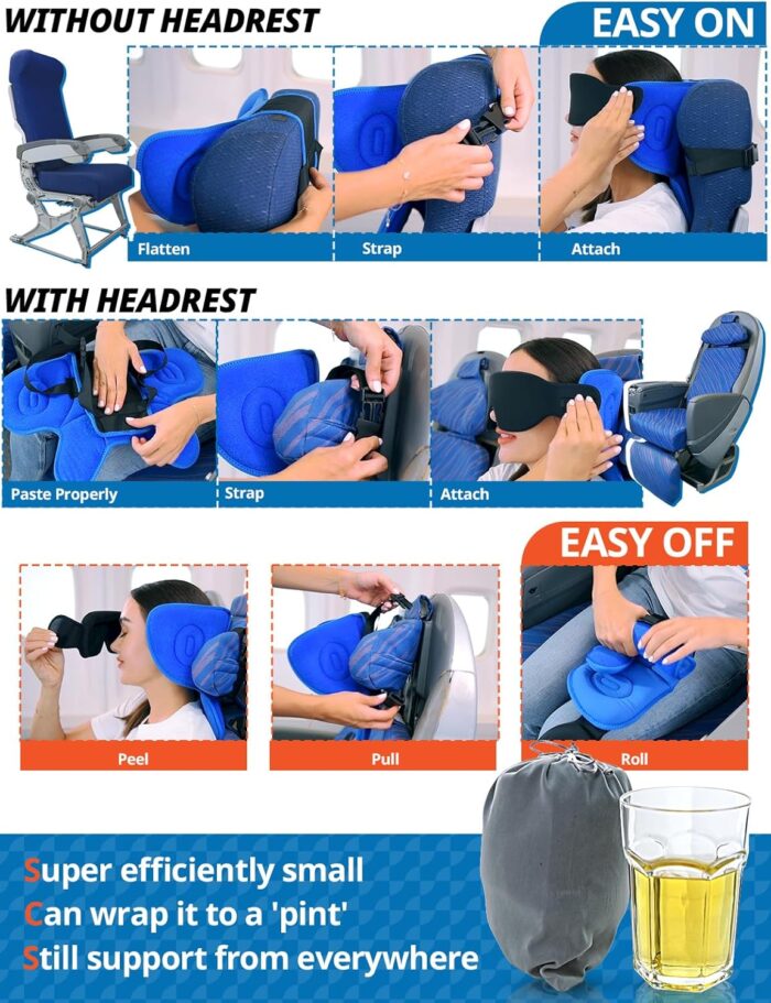 SARISUN Travel Pillows for Airplanes, Upgrade Airplane Neck Pillow with 3D Sleep Eye Mask for Budget Airlines, 360° Support Headrest, Portable Travel Essentials, Adjustable Airplane Head Strap, Black - Image 5