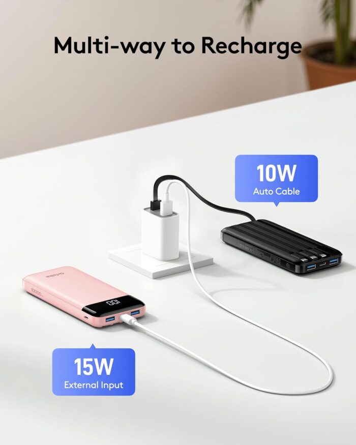 Orfeika Power Bank with Built in Cables, 10000mAh Portable Charger USB C in&Out, Battery Pack with LED Display Travel Essential for iPhone 16 15 14 13 12, Samsung S22 S21 Google LG iPad (Pink) - Image 8