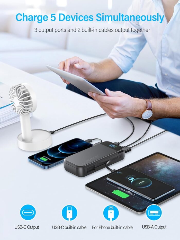 Portable Charger 32000mAh, BLJIB 22.5W QC 3.0 PD 20W Smart LED Display Fast Charging Built in Cables Power Bank, External Battery Pack Charge 5 Devices Compatible with Cellphones (Black) - Image 2