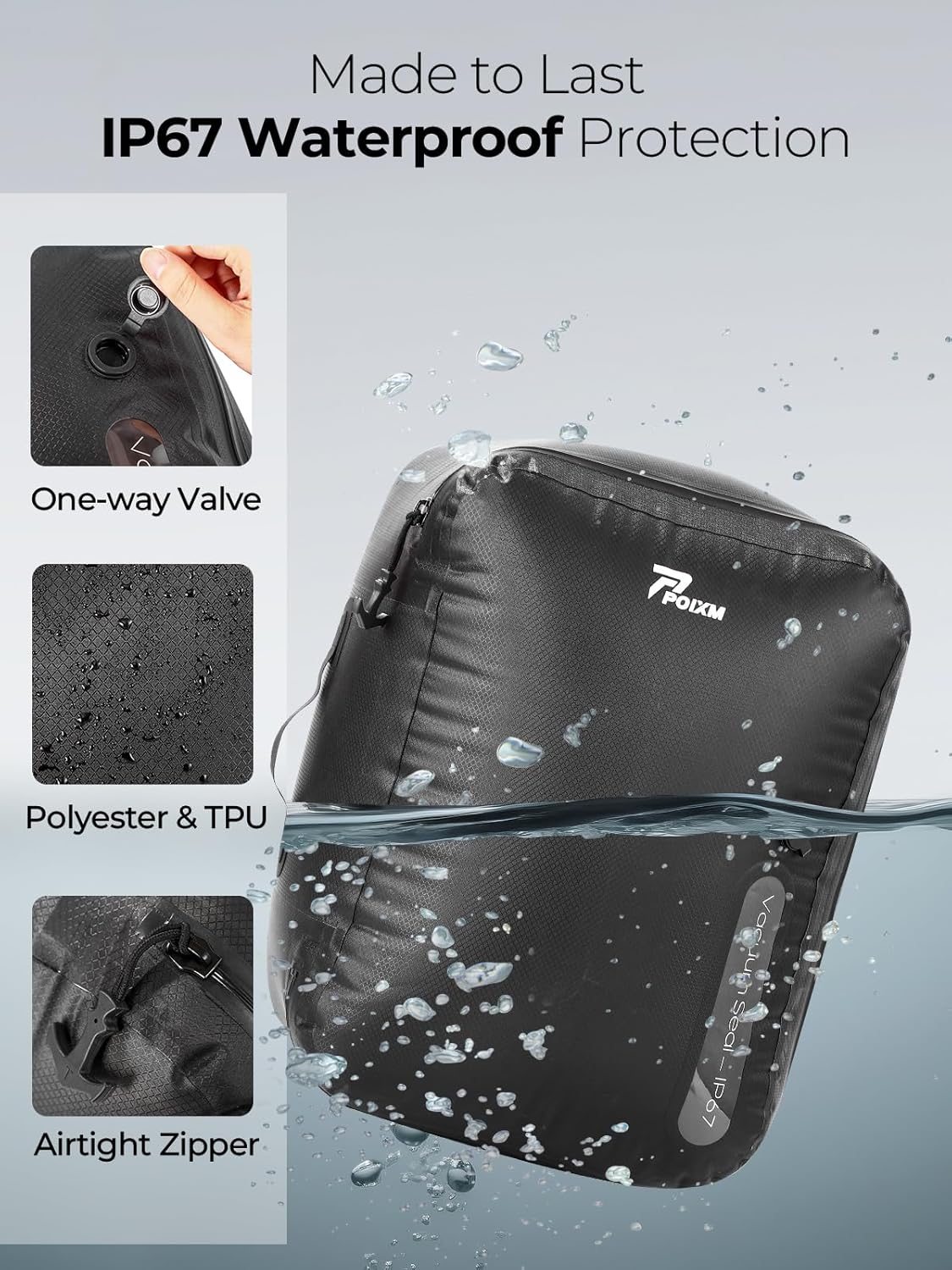 POIXM Vacuum Bags for Travel with Wireless Pump, 180° Open Zipper, IP67 Waterproof, Reusable Space Saver Compression Bags for Backpack, Suitcase, Home Storage(2 Pack + Pump) - Image 5