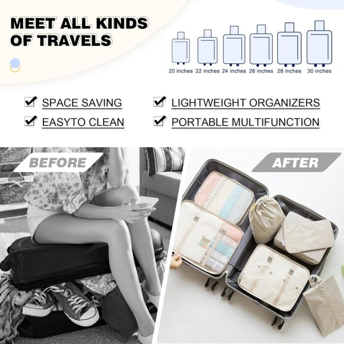 7 Set Packing Cubes Travel Organizer Set Fordable Compression Suitcase Packing Cubes Waterproof Luggage Organizer with Shoe Bag & Laundry Bag,Beiges - Image 3