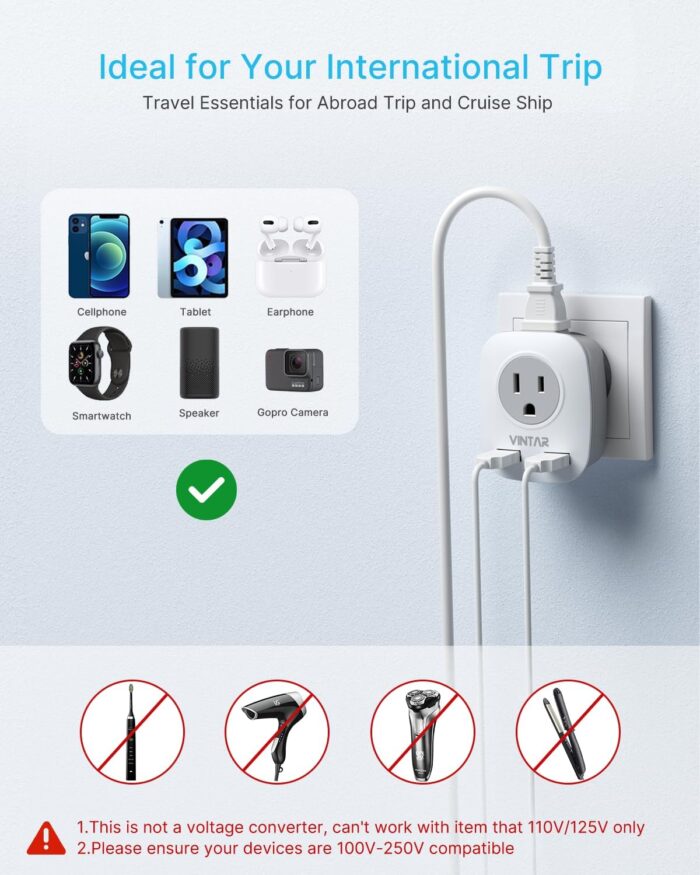 1 Pack Italy Travel Plug Adapter, VINTAR Grounded Power Adapter with 1 USB C, 2 American Outlets and 3 USB Ports, 6 in 1 International Power Adapter for Canada to Italy Uruguay Chile (Type L) - Image 6