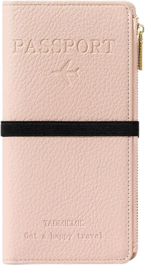 NQQNQQ RFID-Blocking Leather Travel Wallet & Passport Holder with Zipper Pocket, Card Slots, and Phone Compartment – Waterproof Travel Organizer for Women & Men. TG-1 (Pink)