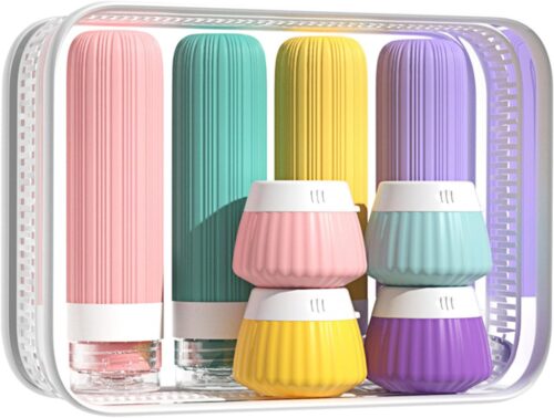 8 Pack Travel Bottles for Toiletries,3oz Leakproof Silicone Containers with 2oz Cream Jars & Clear Toiletry Bag | Squeezable, BPA-Free, Waterproof Labels | Perfect for Shampoo, Lotion, Cosmetics