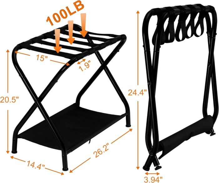 Heybly Luggage Rack,Pack of 2,Steel Folding Suitcase Stand with Storage Shelf for Guest Room Bedroom Hotel,Black,HLR002B2 - Image 3