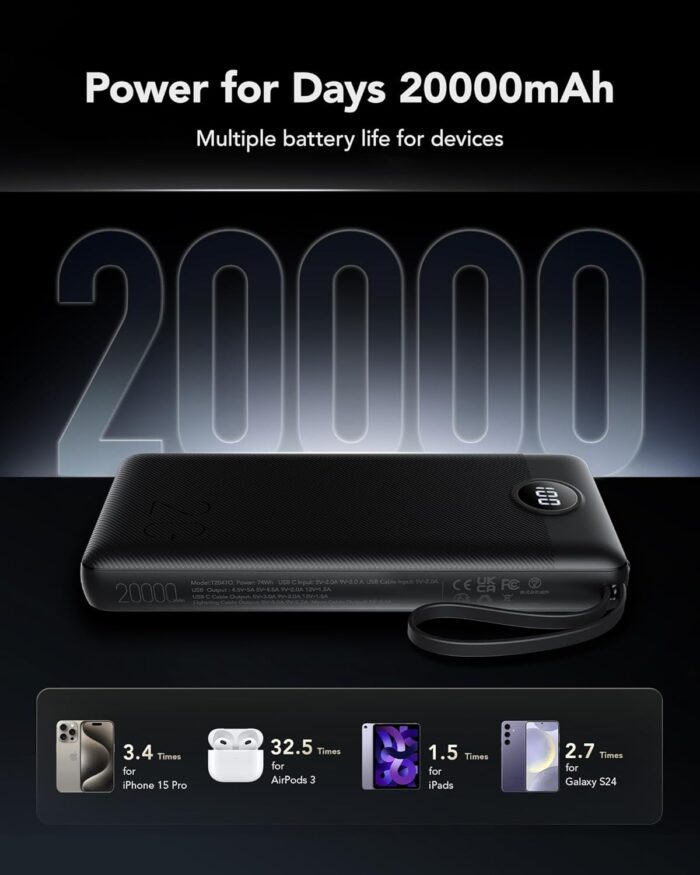 20000mAh Power Bank with Built-in Cables, Portable Charger 22.5W Fast Charging, VRURC Powerbank External Battery Pack 4 Output 2 Input PD & QC LED Display Compatible with iPhone Samsung Tablet,Black - Image 7