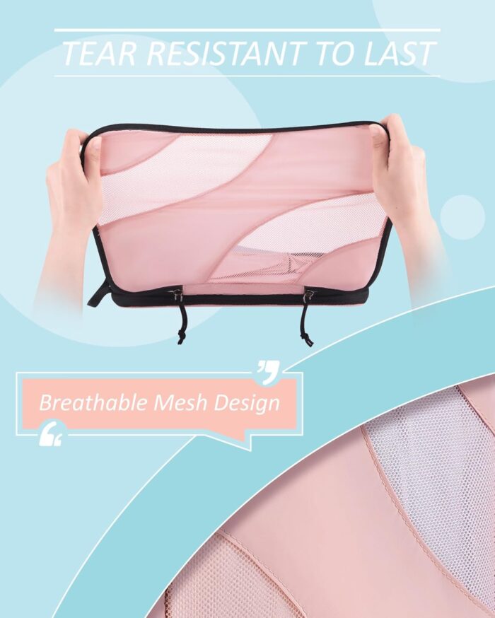 BAGSMART Compression Packing Cubes, 6 Set Travel Packing Cubes for Carry on Suitcases, Compression Suitcase Organizers Bag Set & Travel Storage Bags for Luggage, Packing Organizers Baby Pink - Image 2