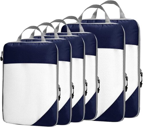 Komugi Compression Packing Cube 6 set, Waterproof Mesh Travel Luggage Packing Organizer Accessories,2 Sizes 2L+4M Expandable Packing Cubes(Navyblue)