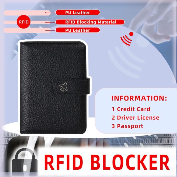AdiStylinno Passport Holder, PU Leather Passport Wallet with Neck Strap, Travel RFID Blocking Card Cover Case for Men Women (Black) - Image 5