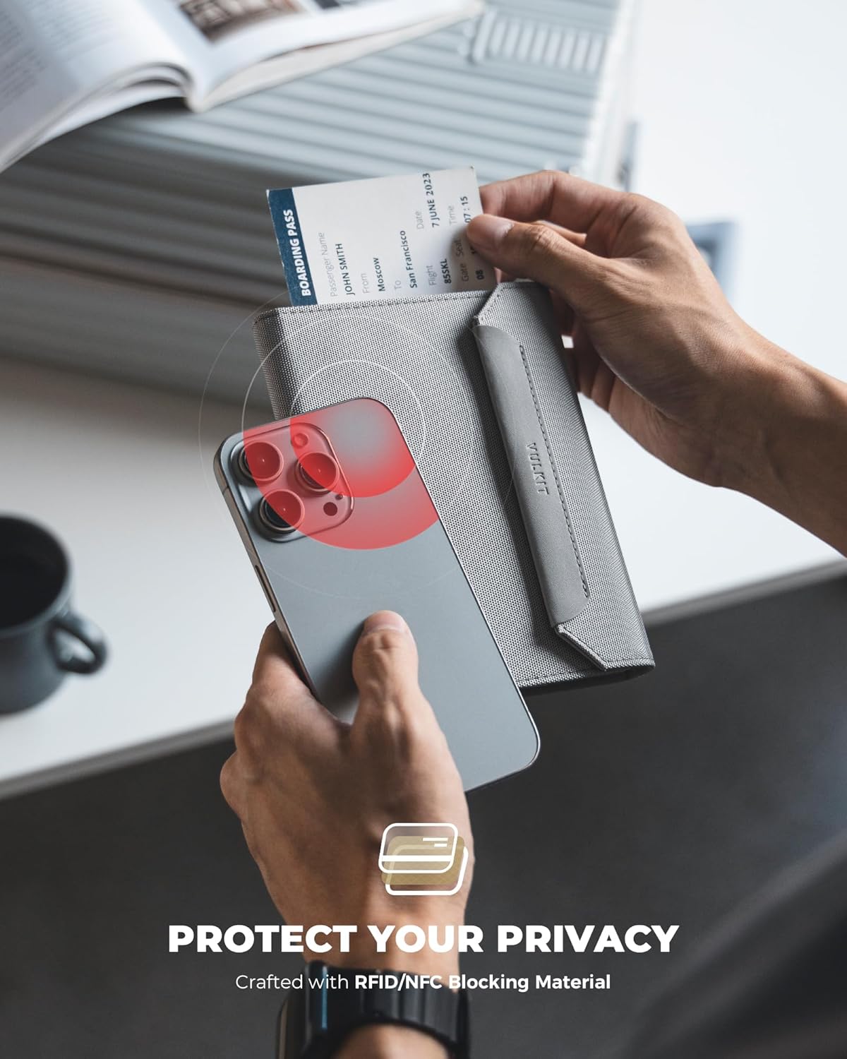 VULKIT Passport Card Holder, Vegan Leather Passport Wallet, RFID Blocking, Travel Essential, Magnetic Closure, Detachable AirTag Holder, Grey - Image 5