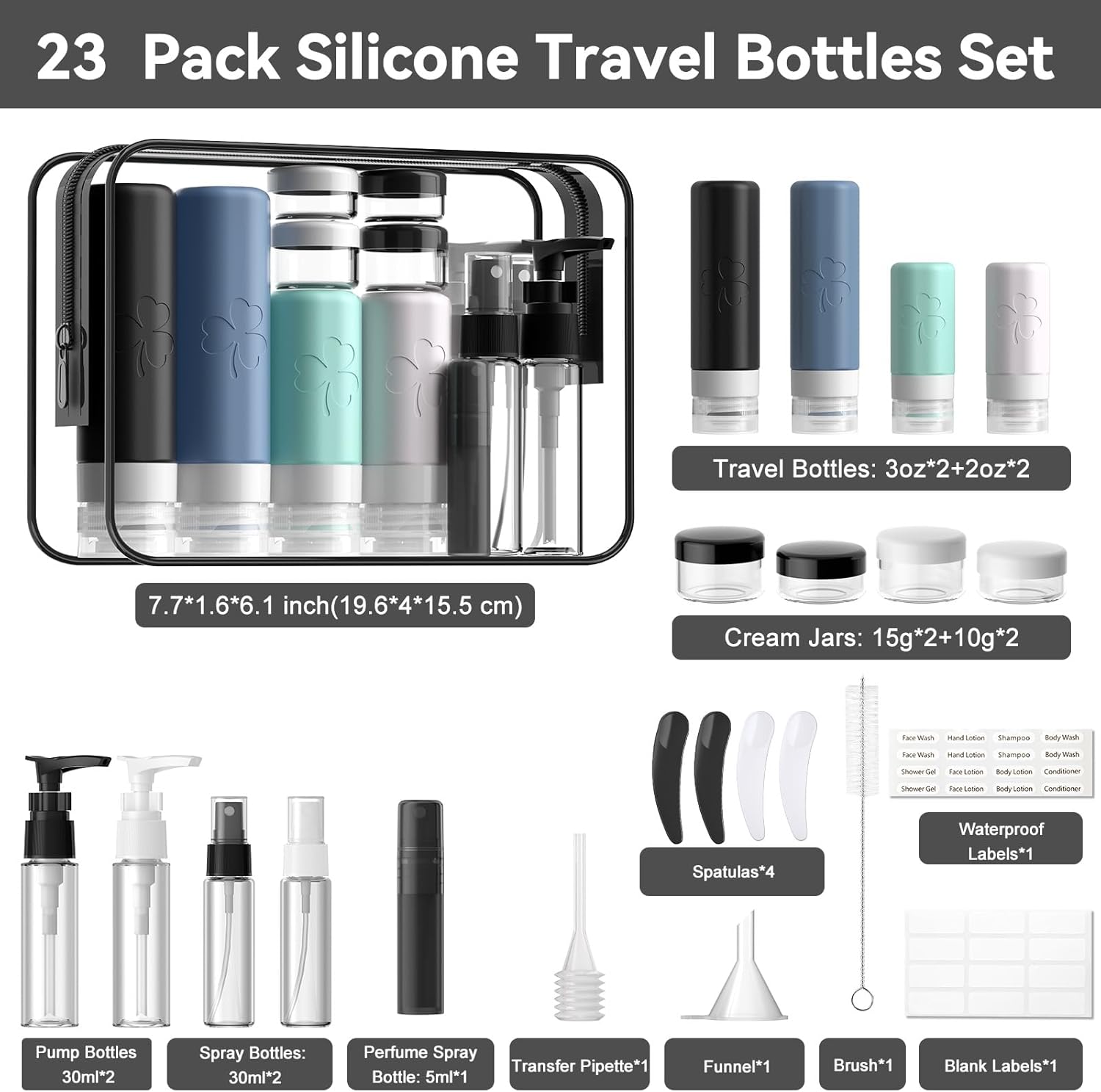 23 Pack Travel Bottles for Toiletries, TSA Approved Shampoo Bottles, Silicone Travel Containers for Toiletries, Leak Proof Refillable Travel Essentials for Liquids Shampoo and Conditioner - Image 3