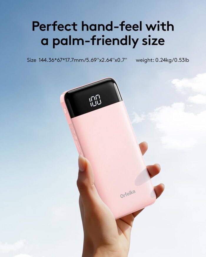 Orfeika Power Bank with Built in Cables, 10000mAh Portable Charger USB C in&Out, Battery Pack with LED Display Travel Essential for iPhone 16 15 14 13 12, Samsung S22 S21 Google LG iPad (Pink) - Image 5