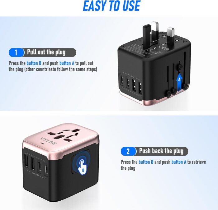 VYLEE Universal International Power Travel Plug Adapter, 5 in 1 European Travel Plug Adapter W/ 3.5A 2xUSB-A and 2xUSB C Wall Charger and Worldwide AC Outlet for Europe USA UK AUS Asia(Rose Gold) - Image 4