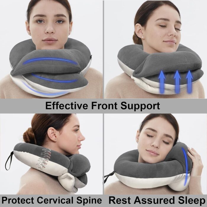 BUYUE Travel Neck Pillows for Airplanes, 360° Head Support Sleep for Long Flight, Skin-Friendly & Breathable, Kit with 3D Contoured Eye Mask, Earplugs and Storage Bag (Adult, Grey, 90+ lbs) - Image 2