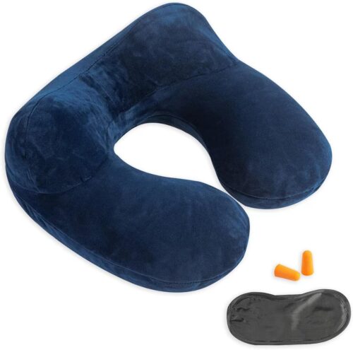 Makimoo Inflatable Travel Pillow, Neck Pillow Support for Traveling, Airplanes, Cars, and Offices with Compact Carrying Bag, Soft Velvet Washable Cover, Ideal for Adult Sleepers (Blue)