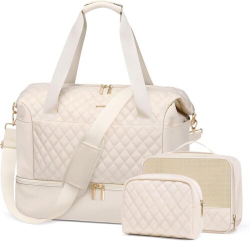 MDODO Travel Duffel Bag, Weekender Duffle Bags for Women with Wet Pocket and Shoes Compartment Carry on Overnight Bag for Women Travel Gym Yoga Business Trips Sports Hospital Bag,3pcs,Apricot