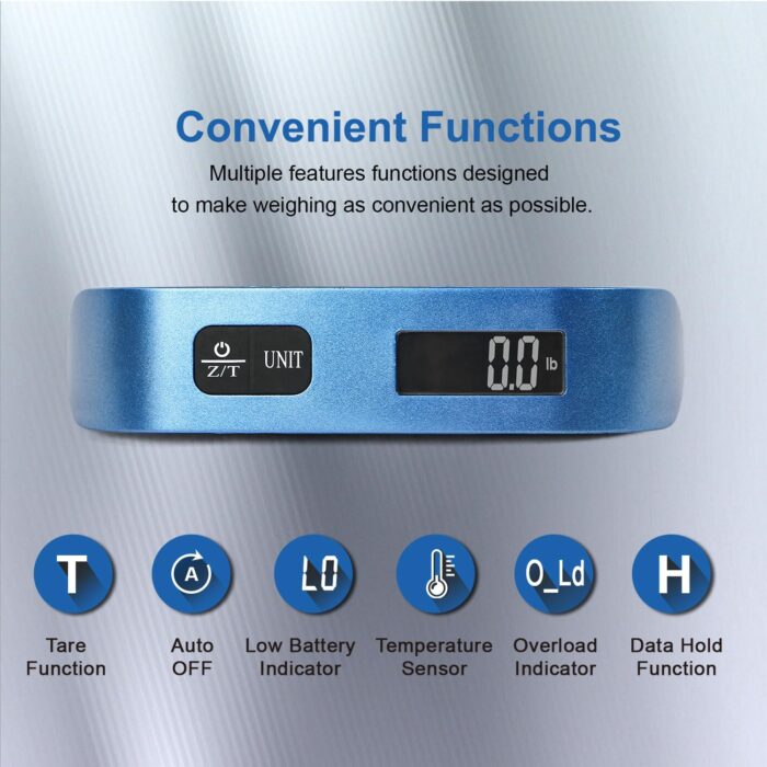 travel inspira Luggage Scale, Portable Digital Hanging Baggage Scale for Travel, Suitcase Weight Scale with Rubber Paint, 110 Pounds, Battery Included - Blue - Image 2
