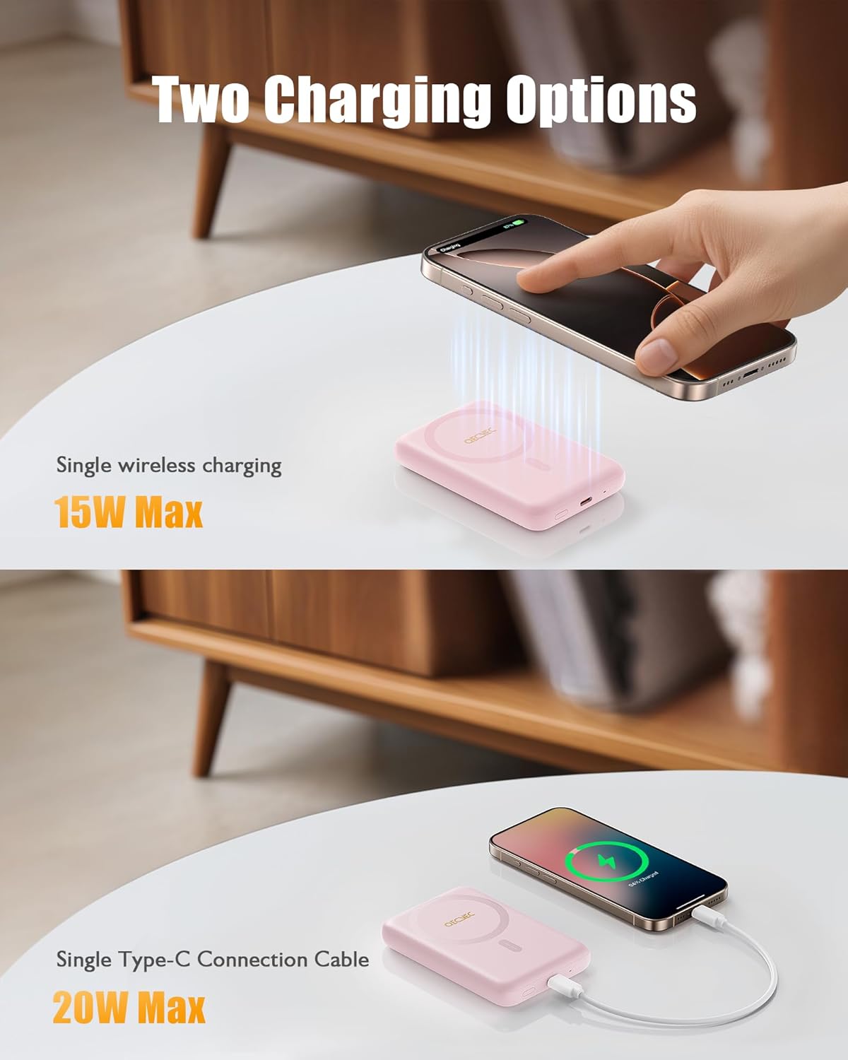 QECVEC Mag-Safe Power Bank - 10000mAh Magnetic Portable Charger with 15W Wireless Fast Charging & 20W PD Wired Charging, Compatible for iPhone 12/13/14/15/16 Series. (Pink) - Image 2