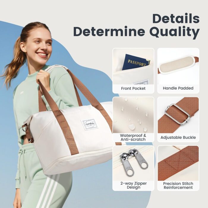 Travel Duffel Bag, Carry on Luggage Bag for Airplanes, Sports Gym Tote Bag for Women, Lightweight Weekender Overnight Shoulder Bag Waterproof Beach Hospital Bag (Beige) - Image 4